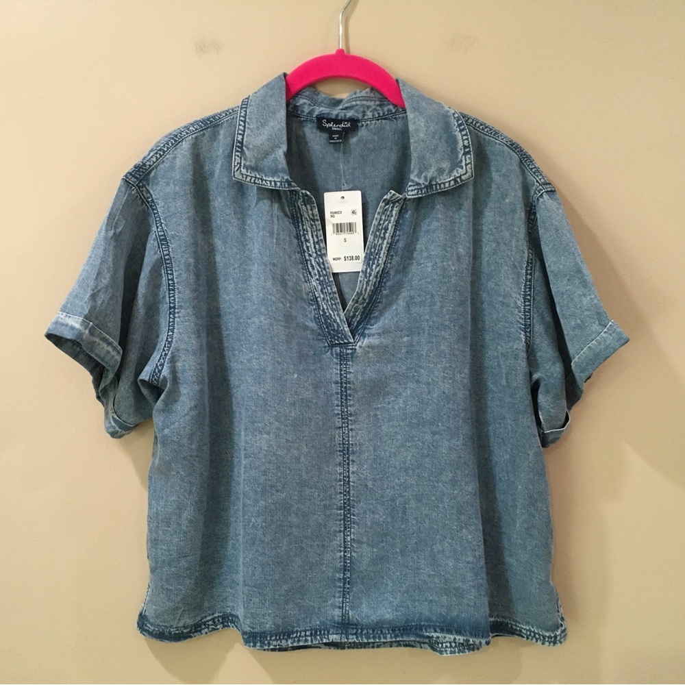 NWT Splendid Acid Wash Denim Look Button Down Blouse Chambray Top Womens S